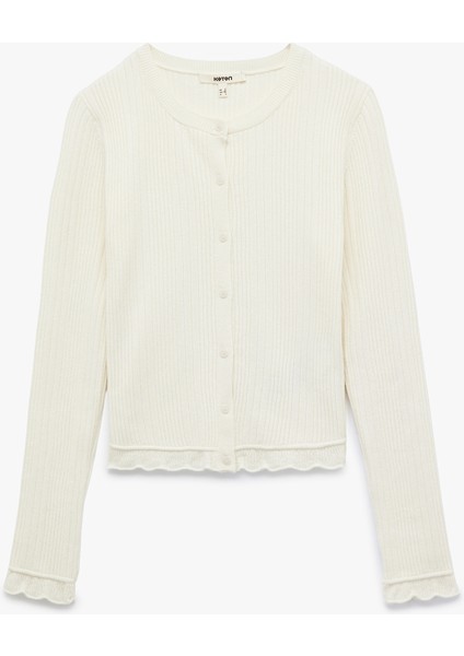 Uzun Kollu Viskon Karışımlı Dokulu Düğmeli Bisiklet Yaka Triko Hırka