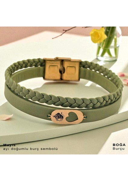 14 Ayar Altın Plakalı Boğa Burçları Için Doğal Siyah Derili Kalp Figürlü Hediye BILEKLIK-557BURÇ fiyatları