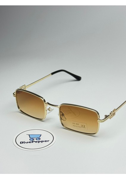 Mıux V7 Kahve Güneş Gözlüğü Dikdörtgen Gold Çerçeve 51 Ekartman