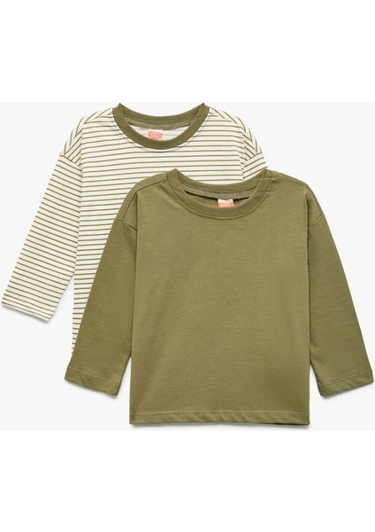 Pamuklu Uzun Kollu Bisiklet Yaka 2'li Basic Tişört Seti