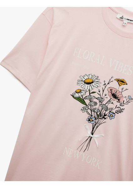Rahat Kalıp Kısa Kollu Bisiklet Yaka Pamuklu Çiçek Baskılı Tişört indirimleri