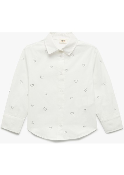 Uzun Kollu Kalp Desenli Taş Detaylı Pamuklu Gömlek