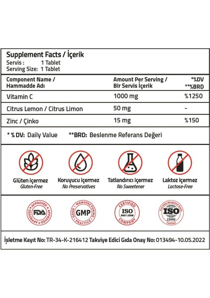 Vitamin C 1000 Mg + Citrus + Zinc 90 Tablets modelleri