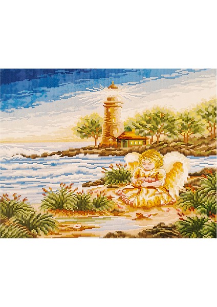 Goblen Etamin Işleme Seti 40X50 cm Melek Kız ve Deniz Feneri Deseni