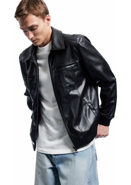Slim Fit Gömlek Yaka Fermuarlı Cep Detaylı Suni Deri Ceket