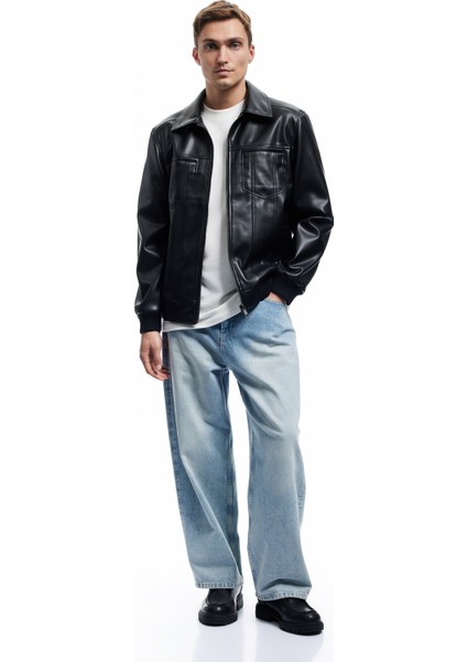 Slim Fit Gömlek Yaka Fermuarlı Cep Detaylı Suni Deri Ceket fiyatları