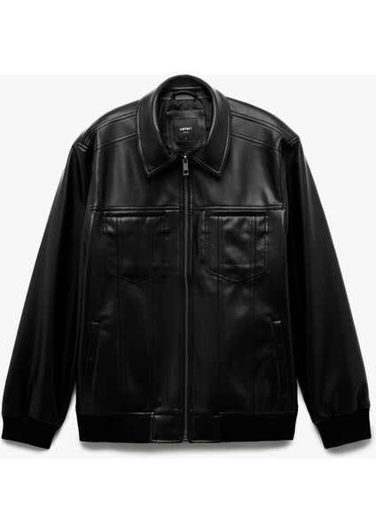 Slim Fit Gömlek Yaka Fermuarlı Cep Detaylı Suni Deri Ceket fırsatları