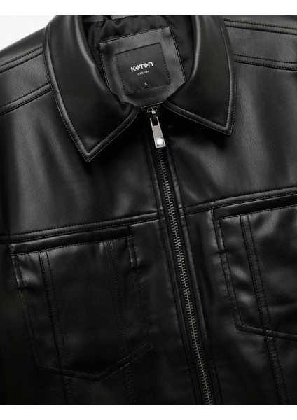 Slim Fit Gömlek Yaka Fermuarlı Cep Detaylı Suni Deri Ceket