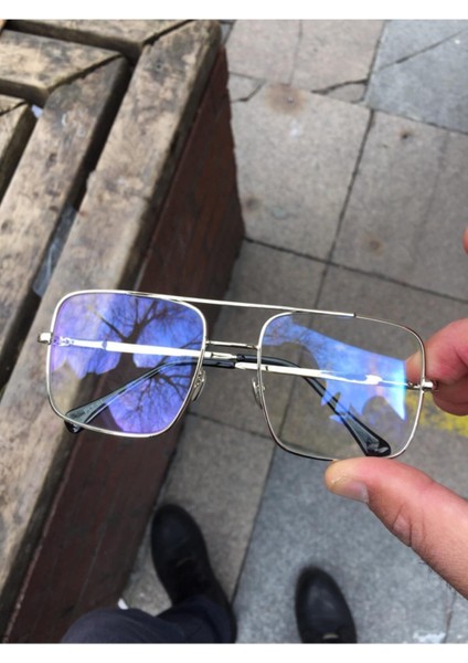 Unisex Gümüş Çerçeveli Mavi Işık Filtreli Şeffaf Gözlük