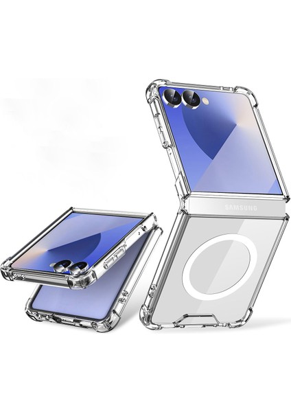 Samsung Galaxy Z Flip 7 ile Uyumlu Kablosuz Şarj Magsafe Özellikli Şeffaf Silikon Kılıf