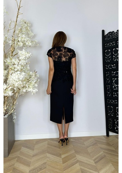 G1503 Çiçek Detaylı Tasarım Abiye Elbise Siyah modelleri