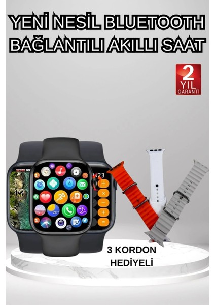 Akıllı Saat Arama Görüşme Bildirim Görme Uyku ve Sağlık Takibi Nabız Ölçer 3 Kordon Hediyeli