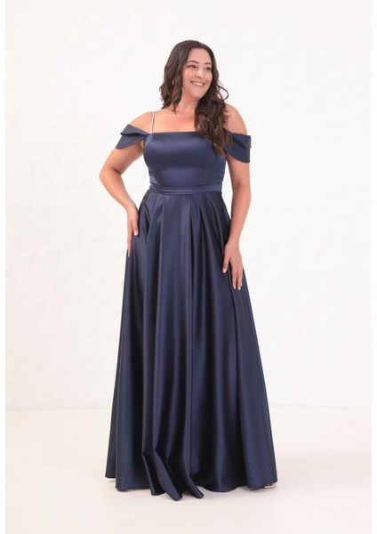 Kadın Lacivert Taş Askılı Büyük Beden Uzun Abiye Elbise modelleri
