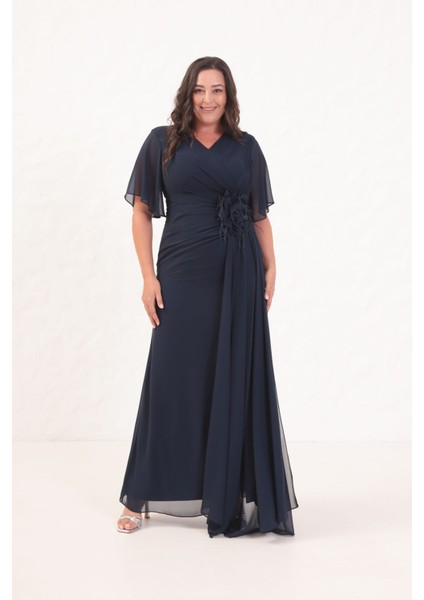Kadın Lacivert Çiçek Detay Büyük Beden Uzun Abiye Elbise fiyatları