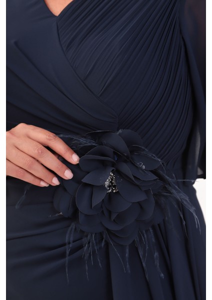 Kadın Lacivert Çiçek Detay Büyük Beden Uzun Abiye Elbise modelleri