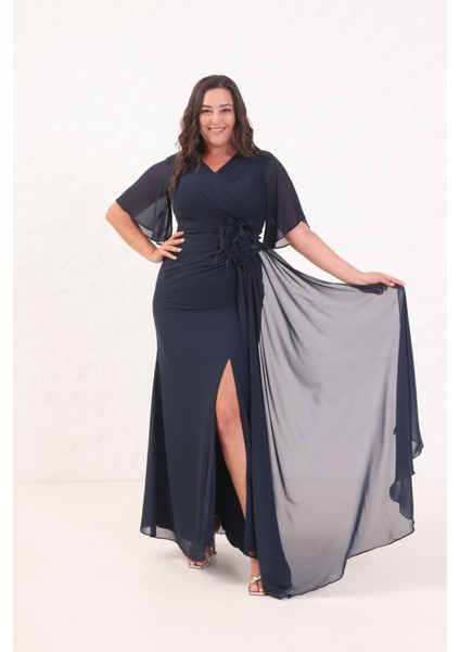 Kadın Lacivert Çiçek Detay Büyük Beden Uzun Abiye Elbise fırsatları