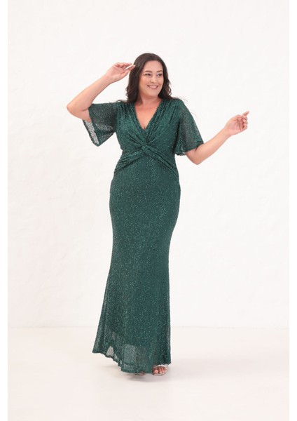 Kadın Zümrüt Yeşili V Yaka Kısa Kol Boncuk Işlemeli Büyük Beden Abiye Elbise