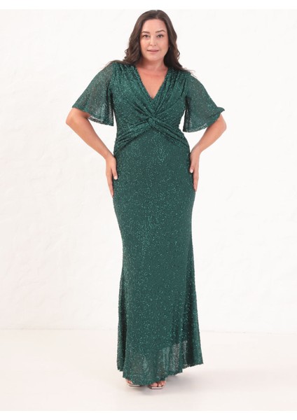 Kadın Zümrüt Yeşili V Yaka Kısa Kol Boncuk Işlemeli Büyük Beden Abiye Elbise fiyatları