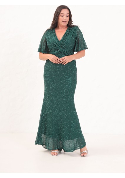 Kadın Zümrüt Yeşili V Yaka Kısa Kol Boncuk Işlemeli Büyük Beden Abiye Elbise modelleri
