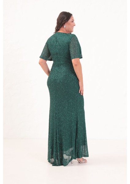 Kadın Zümrüt Yeşili V Yaka Kısa Kol Boncuk Işlemeli Büyük Beden Abiye Elbise indirimleri