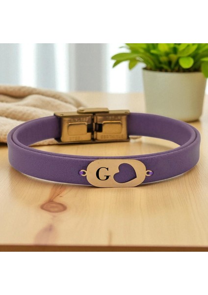14 Ayar Plakalı Altın G Harfine Özel Kalp Motifli Hakiki Mor Derili Hediye BILEKLIK-558HARF fiyatları
