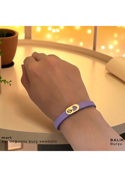 14 Ayar Altın Plakalı Balık Burçları Için Hakiki Mor Derili Kalp Motifli Hediye BILEKLIK-558BURÇ