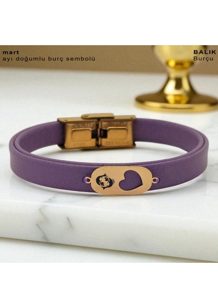 14 Ayar Altın Plakalı Balık Burçları Için Hakiki Mor Derili Kalp Motifli Hediye BILEKLIK-558BURÇ fiyatları