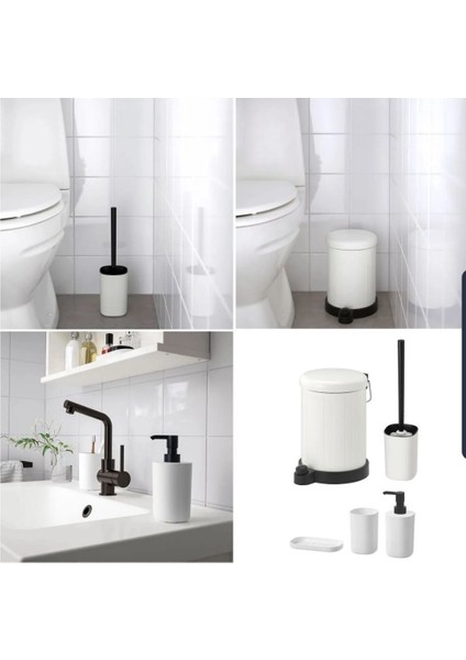 5'li Banyo Seti Çöp Kovası Diş Fırçalık Sabunluk Tuvalet Fırçası Beyaz Galvaniz Çelik ve Plastik