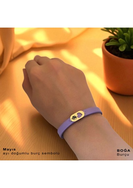 14 Ayar Plakalı Altın Boğa Burçları Için Hakiki Mor Derili Kalp Motifli Hediye BILEKLIK-558BURÇ