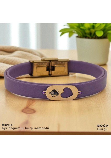 14 Ayar Plakalı Altın Boğa Burçları Için Hakiki Mor Derili Kalp Motifli Hediye BILEKLIK-558BURÇ fiyatları