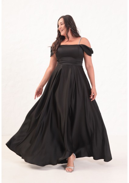 Kadın Siyah Taş Askılı Büyük Beden Uzun Abiye Elbise