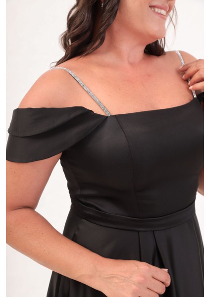 Kadın Siyah Taş Askılı Büyük Beden Uzun Abiye Elbise fiyatları