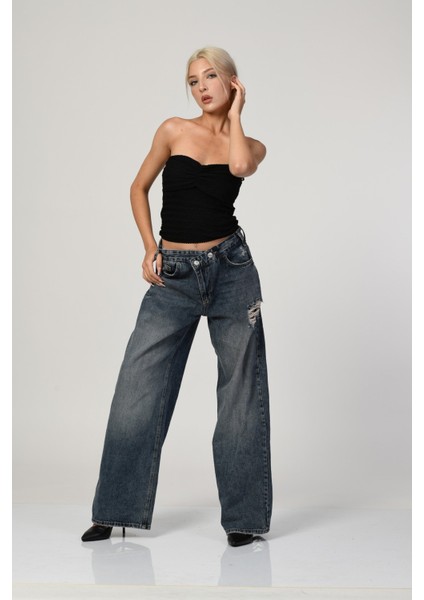 Yüksek Bel Çapraz Düğmeli Bol Paça Pantolon - Denim Denim - 26