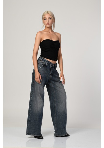 Yüksek Bel Çapraz Düğmeli Bol Paça Pantolon - Denim Denim - 26 fiyatları