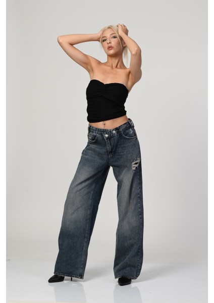 Yüksek Bel Çapraz Düğmeli Bol Paça Pantolon - Denim Denim - 26 modelleri