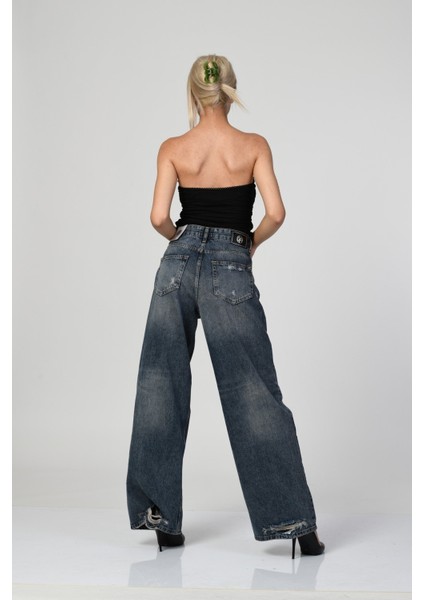 Yüksek Bel Çapraz Düğmeli Bol Paça Pantolon - Denim Denim - 26 fırsatları