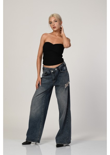 Yüksek Bel Çapraz Düğmeli Bol Paça Pantolon - Denim Denim - 26 indirimleri