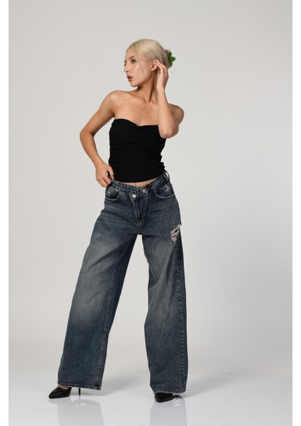 Yüksek Bel Çapraz Düğmeli Bol Paça Pantolon - Denim Denim - 26