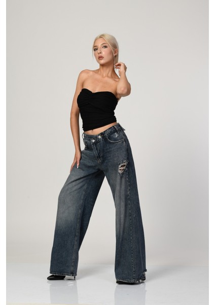 Yüksek Bel Çapraz Düğmeli Bol Paça Pantolon - Denim Denim - 26