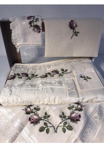 Çeyizlik 6 Parça Lale Nakışlı Makinede Etamin Işleme Seccade Bohça Seti modelleri