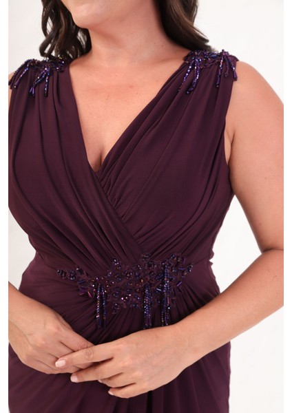 Kadın Mürdüm V Yaka Omuzları Taş Detaylı Büyük Beden Uzun Abiye Elbise fırsatları