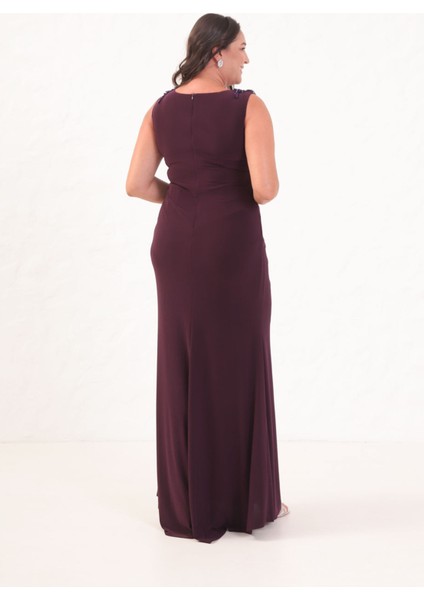 Kadın Mürdüm V Yaka Omuzları Taş Detaylı Büyük Beden Uzun Abiye Elbise indirimleri