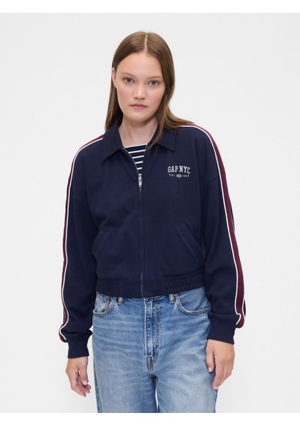 Kadın Lacivert Fransız Havlu Kumaş Varsity Koşu Ceketi