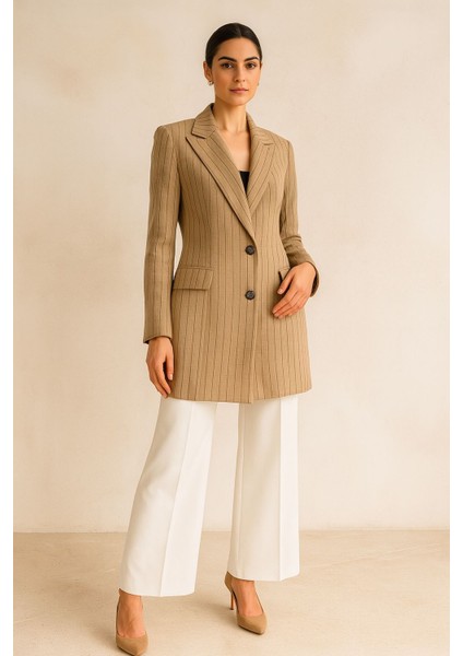 2068 Kruvaze Yaka Önü Düğmeli Önden Cepli Çizgi Desenli Keten Ceket #05-25#