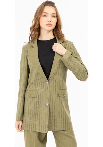 2068 Kruvaze Yaka Önü Düğmeli Önden Cepli Çizgi Desenli Keten Ceket #05-25#