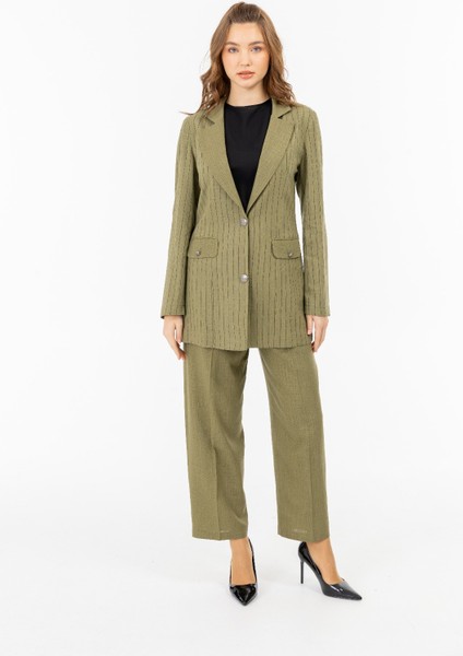 2068 Kruvaze Yaka Önü Düğmeli Önden Cepli Çizgi Desenli Keten Ceket #05-25# fiyatları