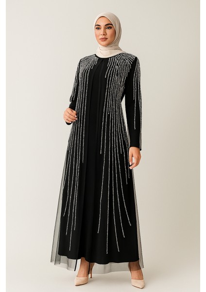 5008 Kolu Omzu Aşağıya Kadar Taş Detaylı Üstü Tül Içi Sandy Abaya #02-25#