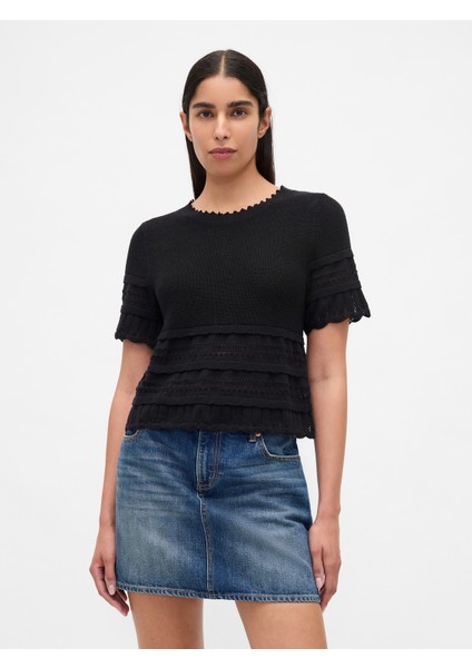 Kadın Siyah Linen-Blend Pointelle Kazak Kısa Üst