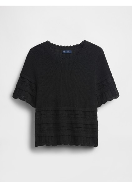 Kadın Siyah Linen-Blend Pointelle Kazak Kısa Üst fiyatları