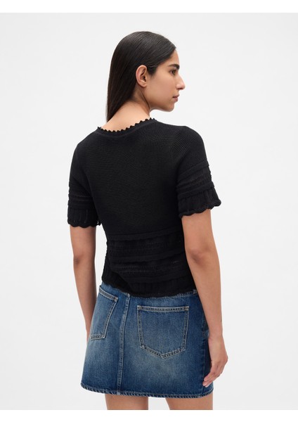 Kadın Siyah Linen-Blend Pointelle Kazak Kısa Üst fırsatları